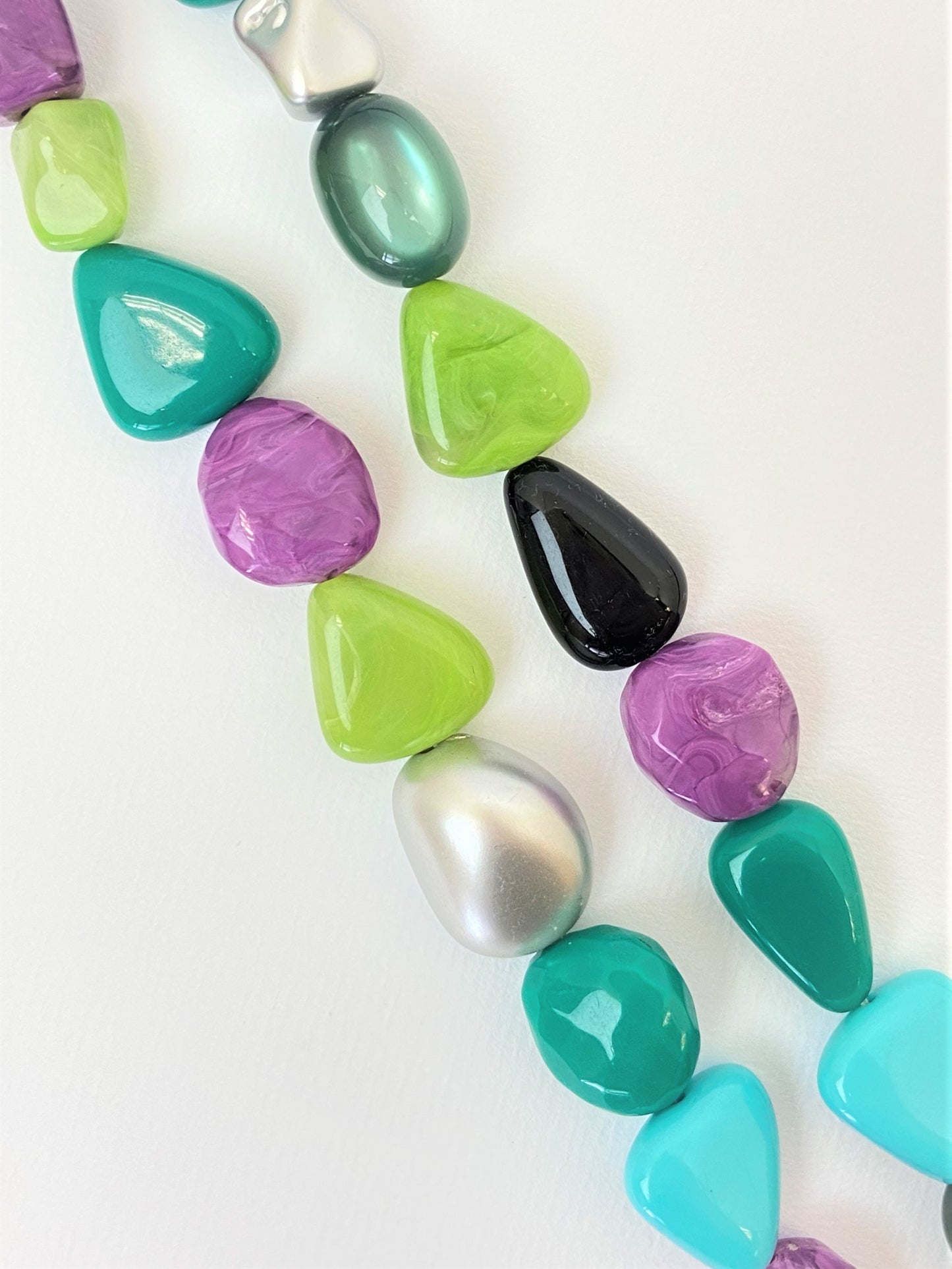 Teal Ale Mixed Bead Necklace by Stage Jewellery with multicolour beads and cyan teal ribbon strap