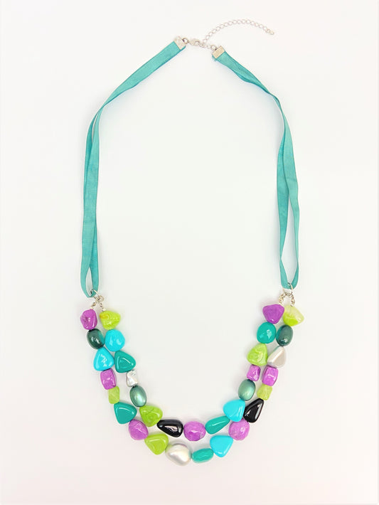 Teal Ale Mixed Bead Necklace by Stage Jewellery with multicolour beads and cyan teal ribbon strap
