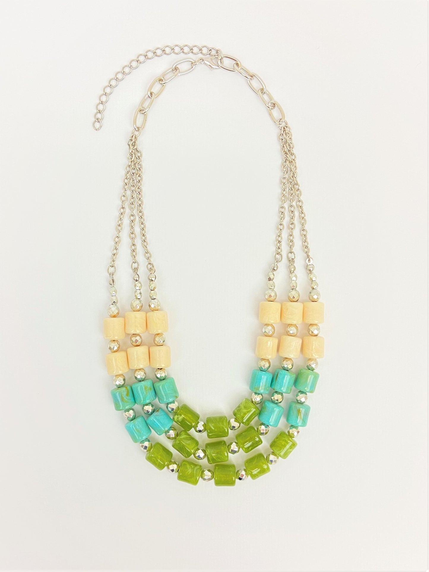 River Trio Mixed Bead Necklace by Stage Jewellery in green cyan ivory tones