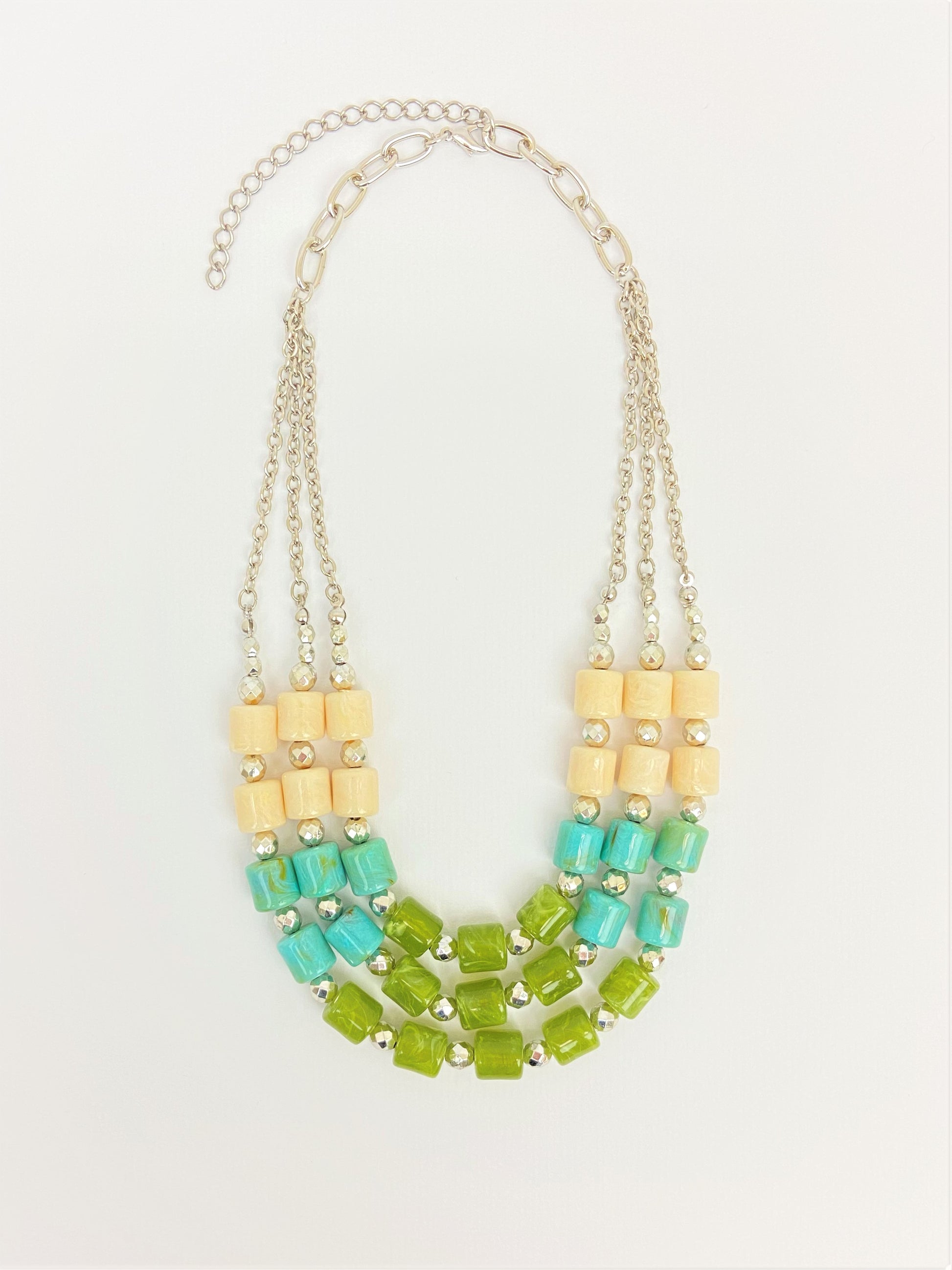River Trio Mixed Bead Necklace by Stage Jewellery in green cyan ivory tones