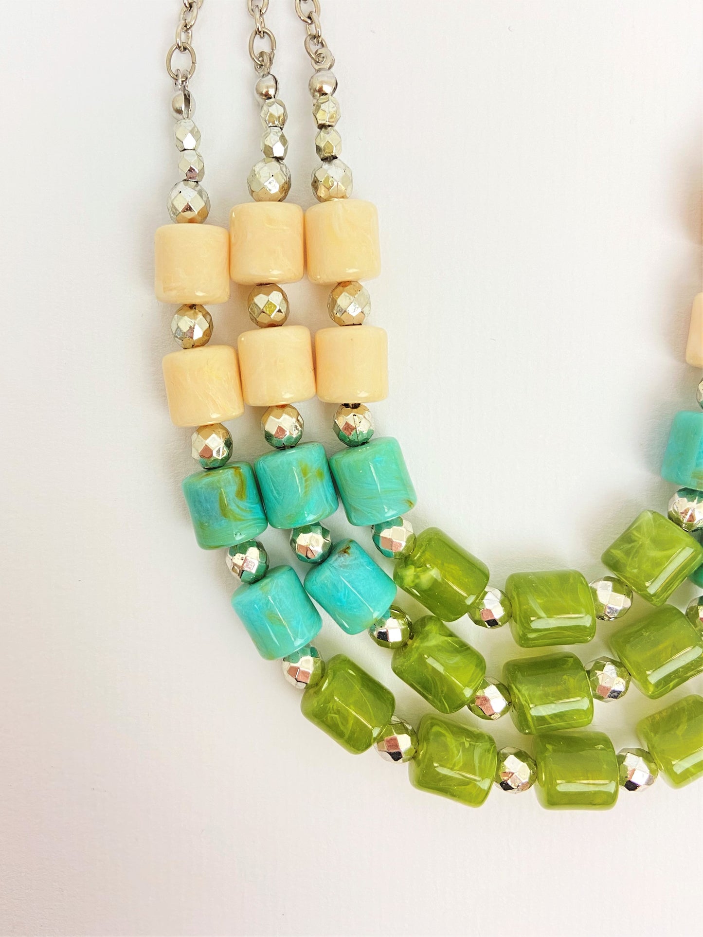 River Trio Mixed Bead Necklace by Stage Jewellery in green cyan ivory tones