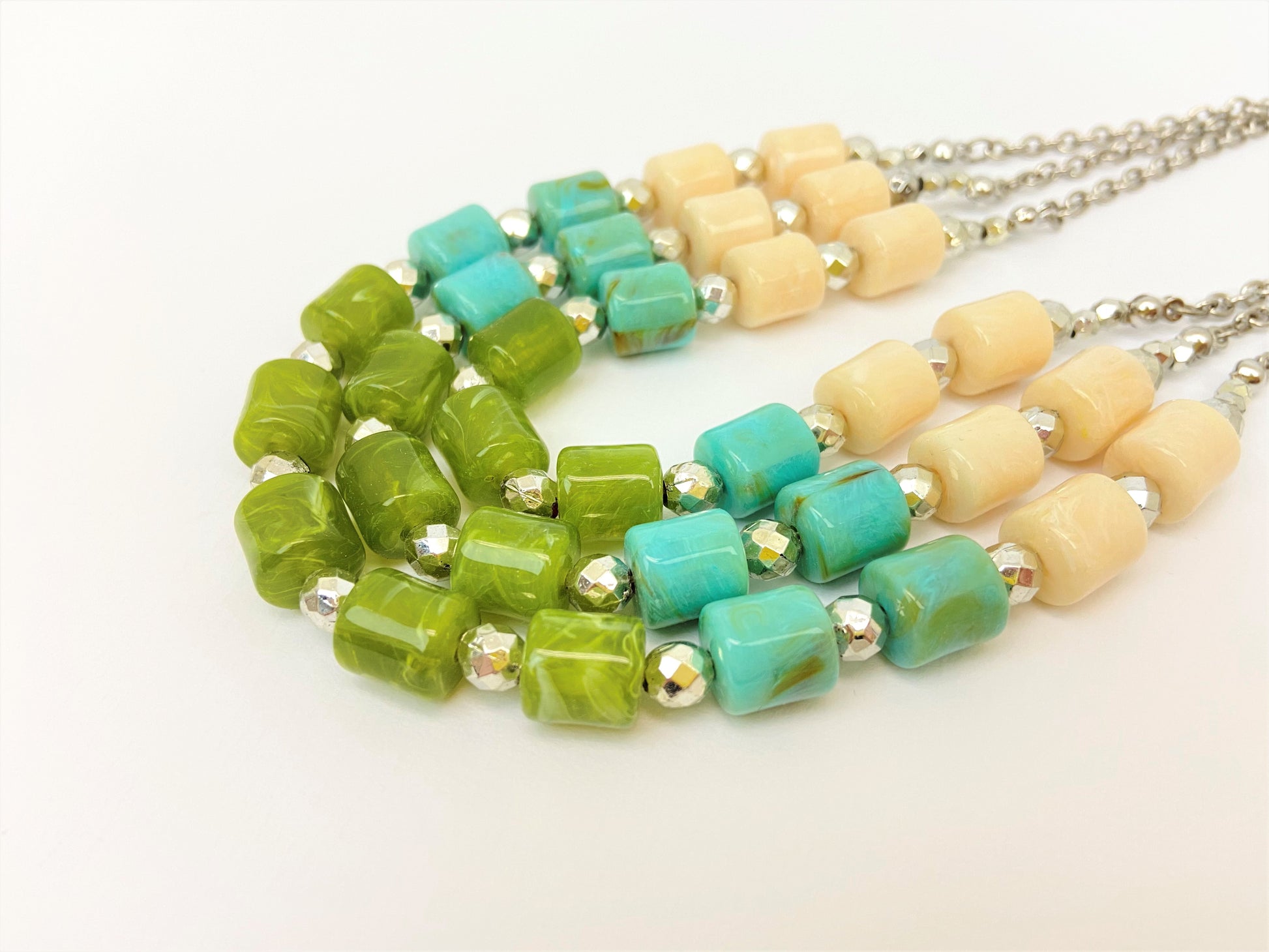 River Trio Mixed Bead Necklace by Stage Jewellery in green cyan ivory tones
