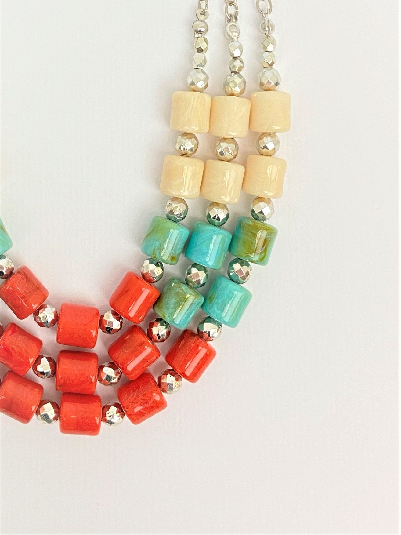 Reef Trio Mixed Bead Necklace by Stage Jewellery in red cyan ivory tones