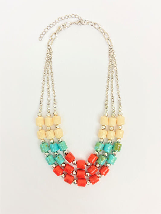 Reef Trio Mixed Bead Necklace by Stage Jewellery in red cyan ivory tones