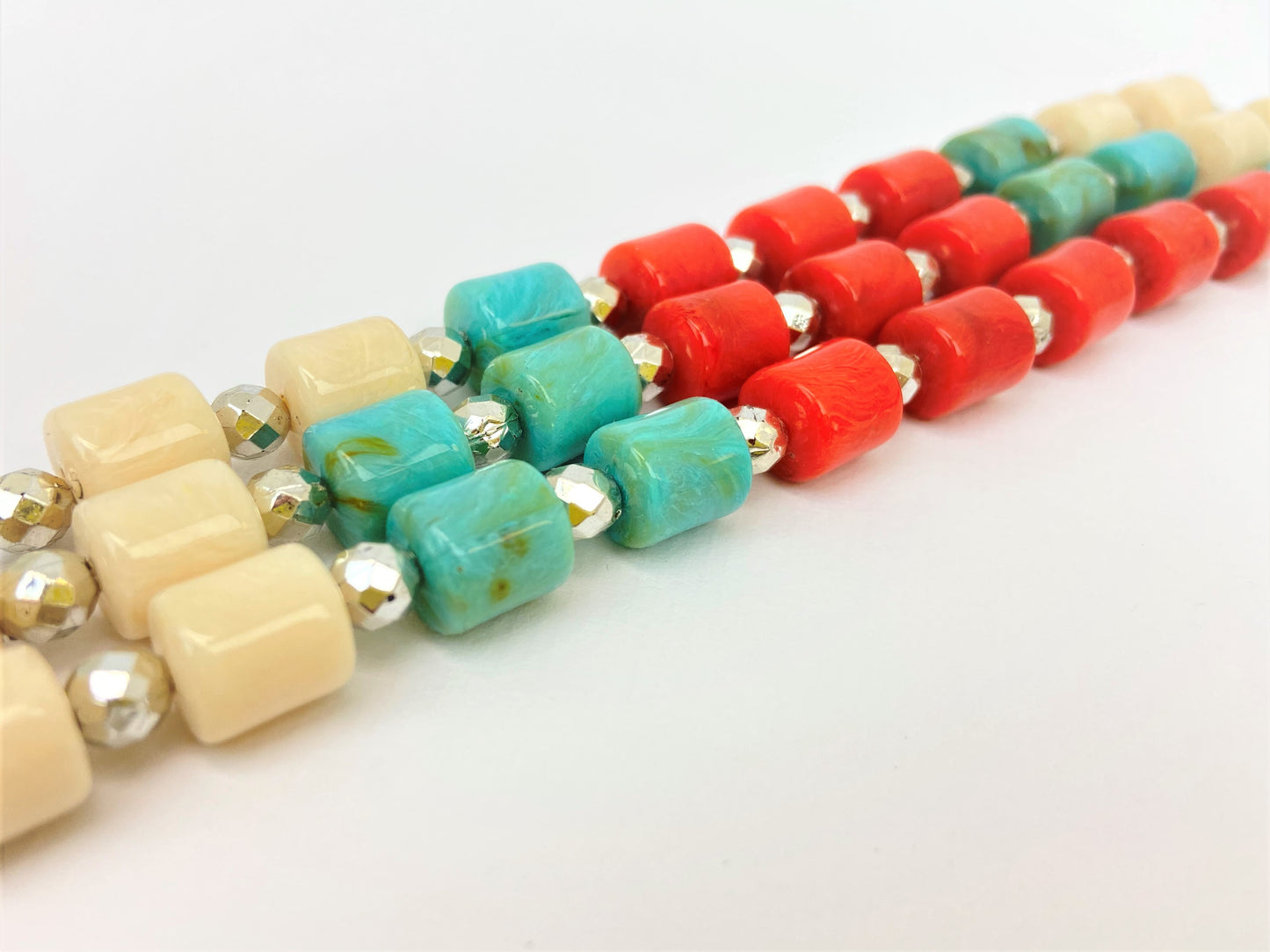 Reef Trio Mixed Bead Necklace by Stage Jewellery in red cyan ivory tones