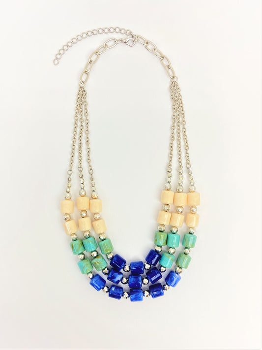 Ocean Trio Mixed Bead Necklace by Stage Jewellery in blue teal ivory tones