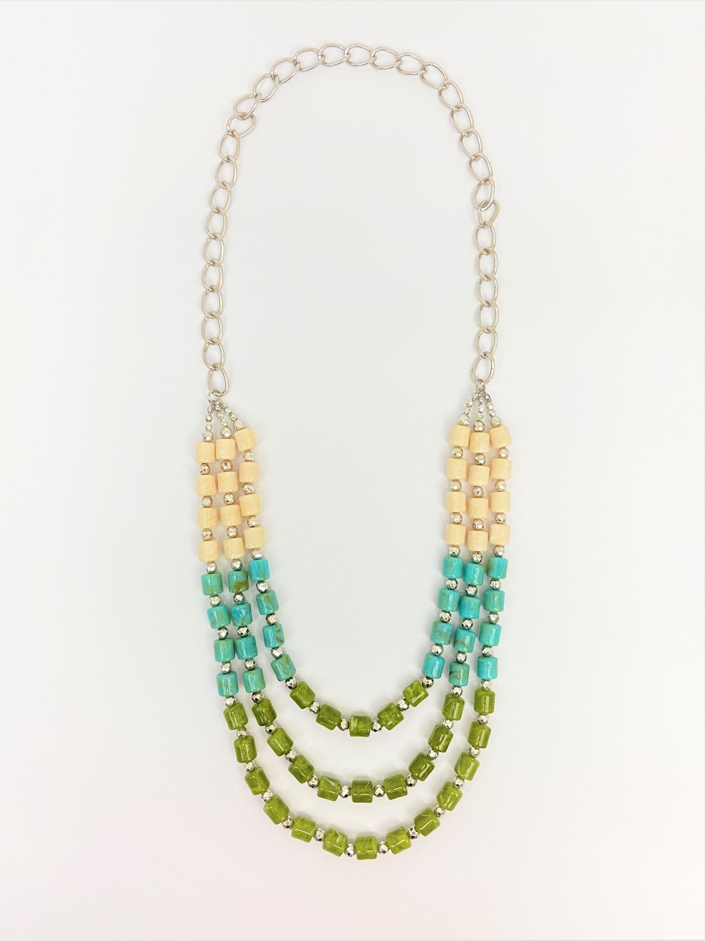 River Trio Mixed Bead Long Necklace by Stage Jewellery in green cyan teal ivory tones