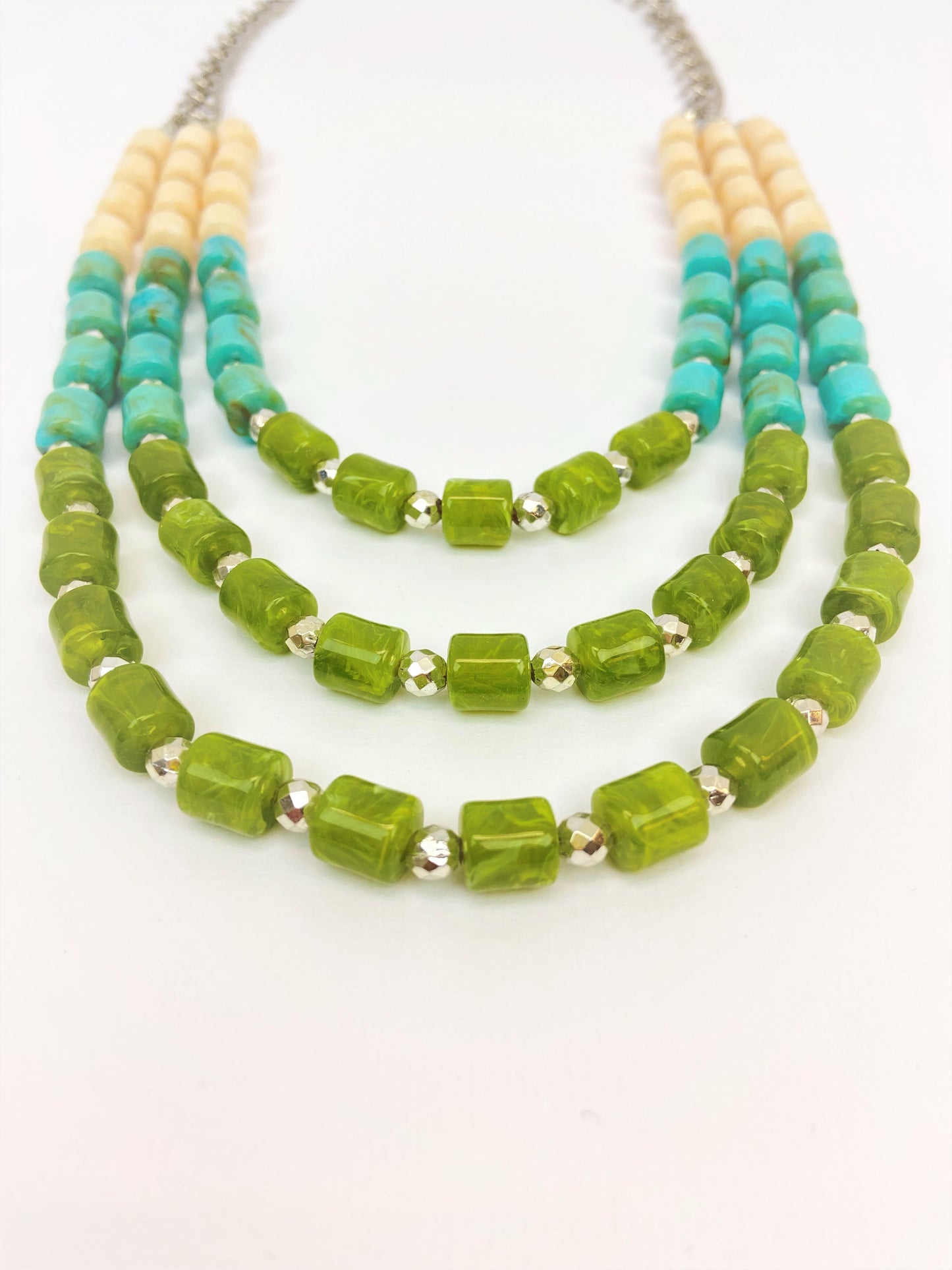 River Trio Mixed Bead Long Necklace by Stage Jewellery in green cyan teal ivory tones