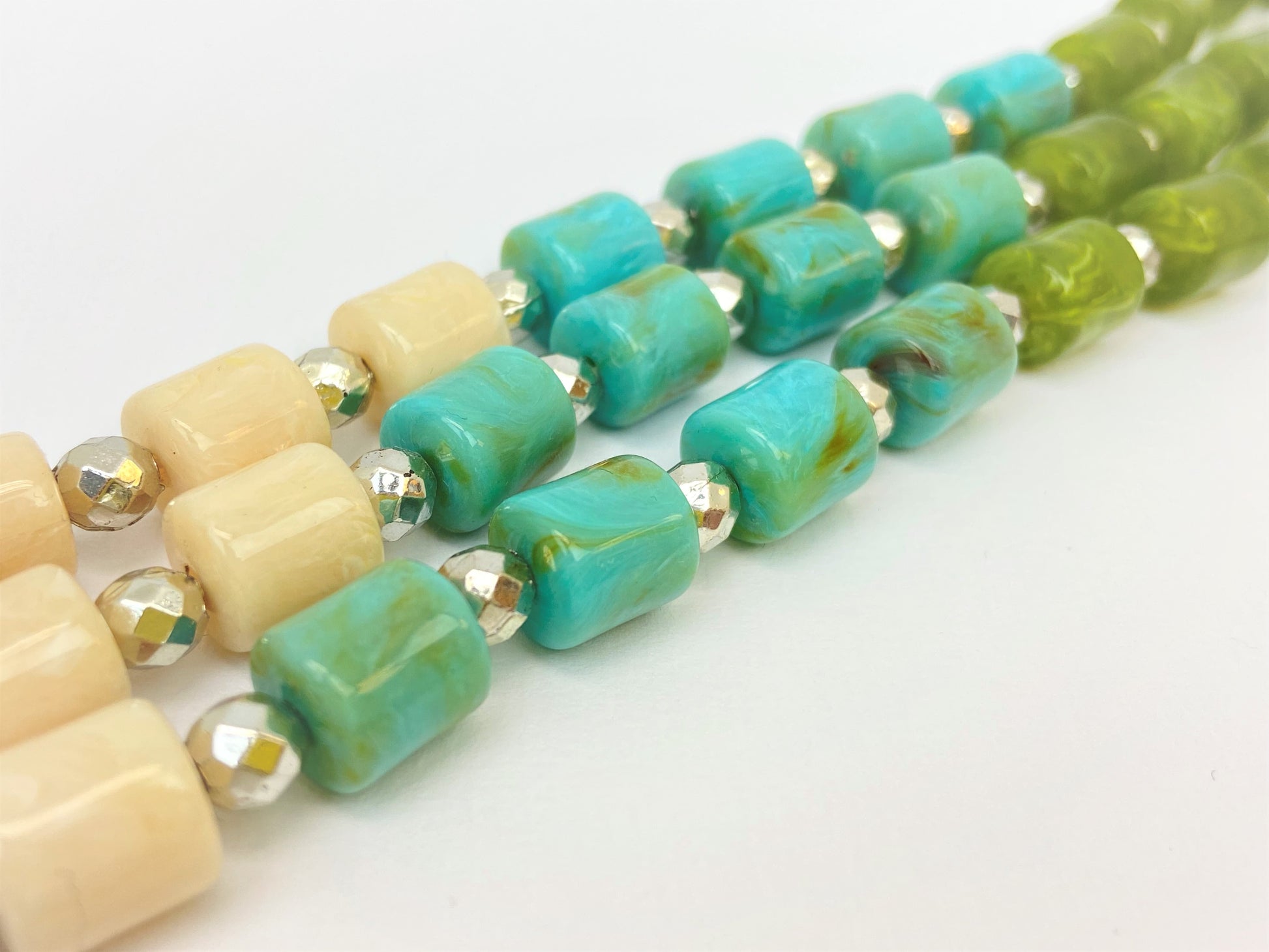 River Trio Mixed Bead Long Necklace by Stage Jewellery in green cyan teal ivory tones