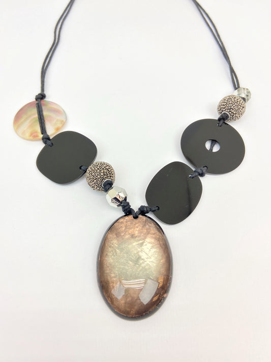 Protoceratops Mixed Bead Necklace by Stage Jewellery with unique beads in black and metallic tones