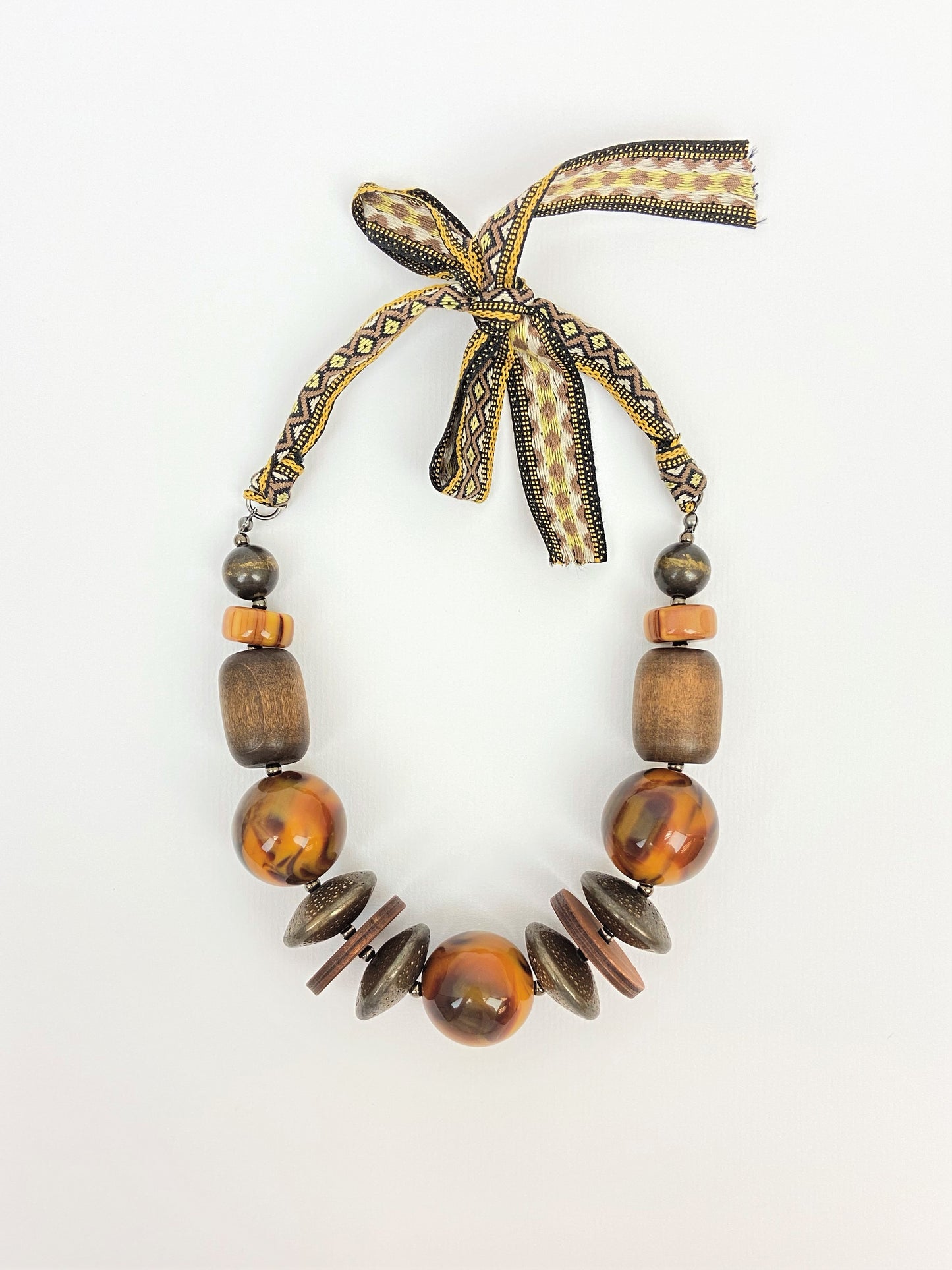 Ursa Lewin Mixed Bead Necklace by Stage Jewellery with brown tone beads and ribbon strap