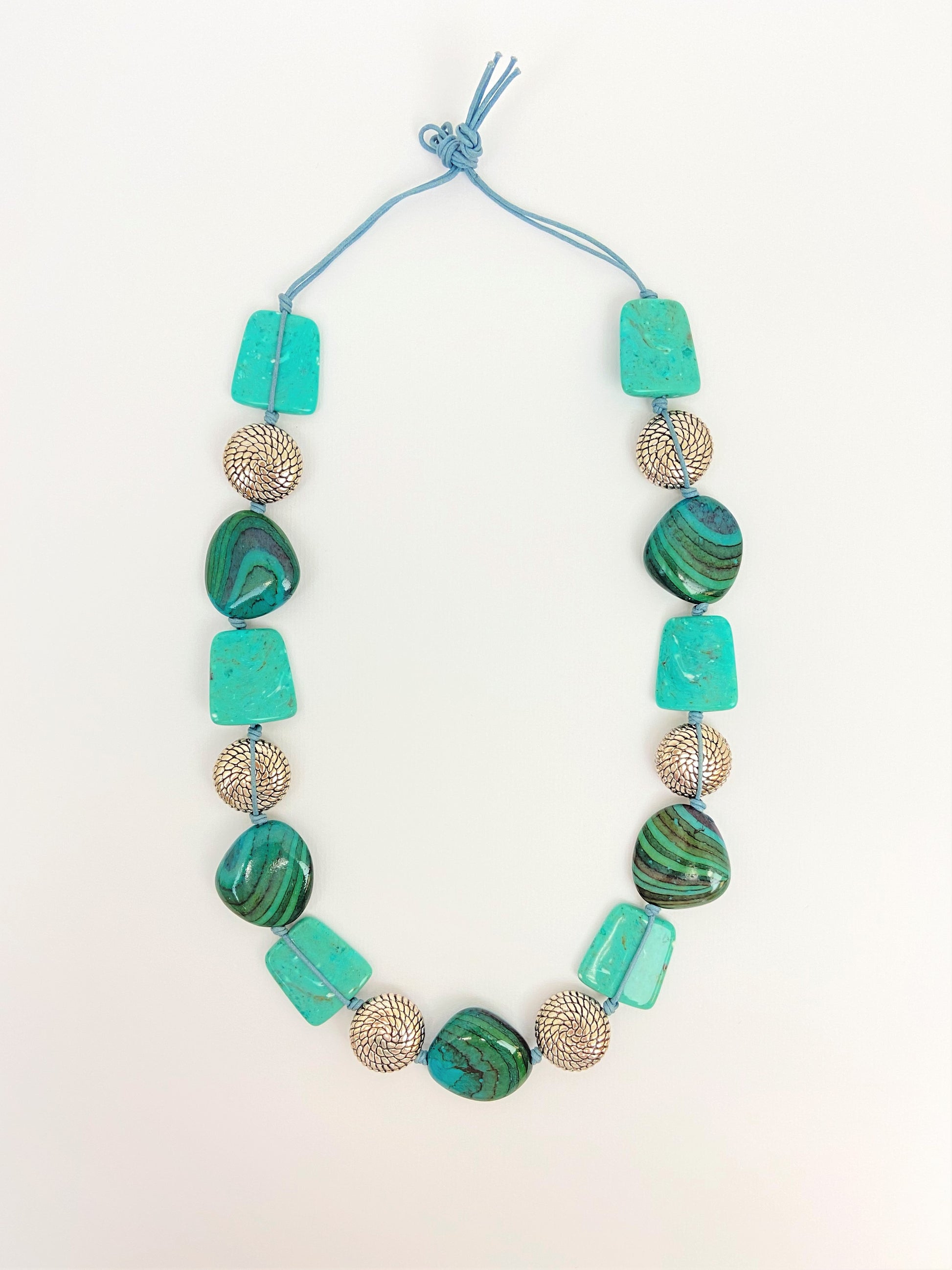 Moana Aroha Mixed Bead Necklace by Stage Jewellery in varying cyan green tones