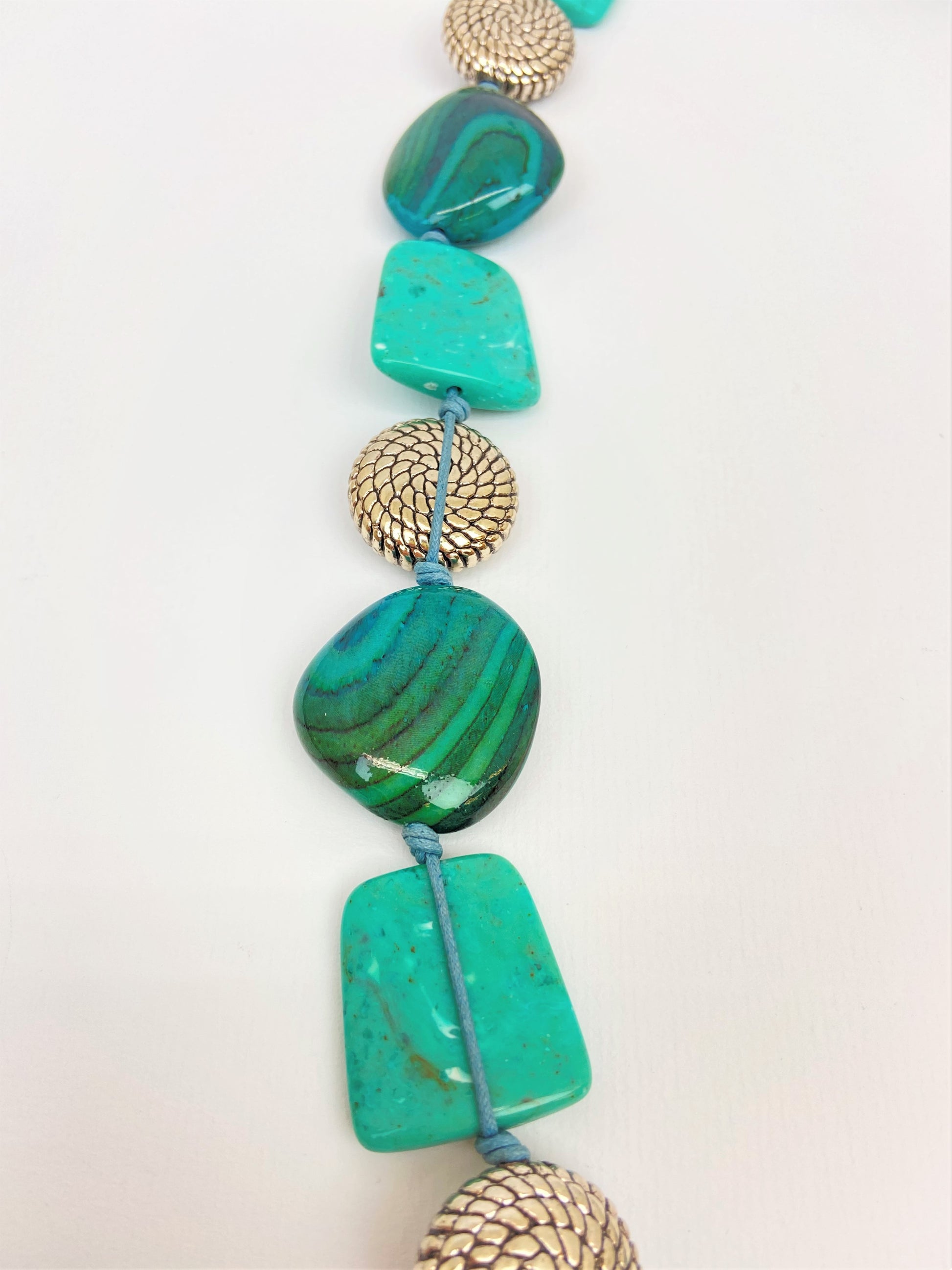 Moana Aroha Mixed Bead Necklace by Stage Jewellery in varying cyan green tones