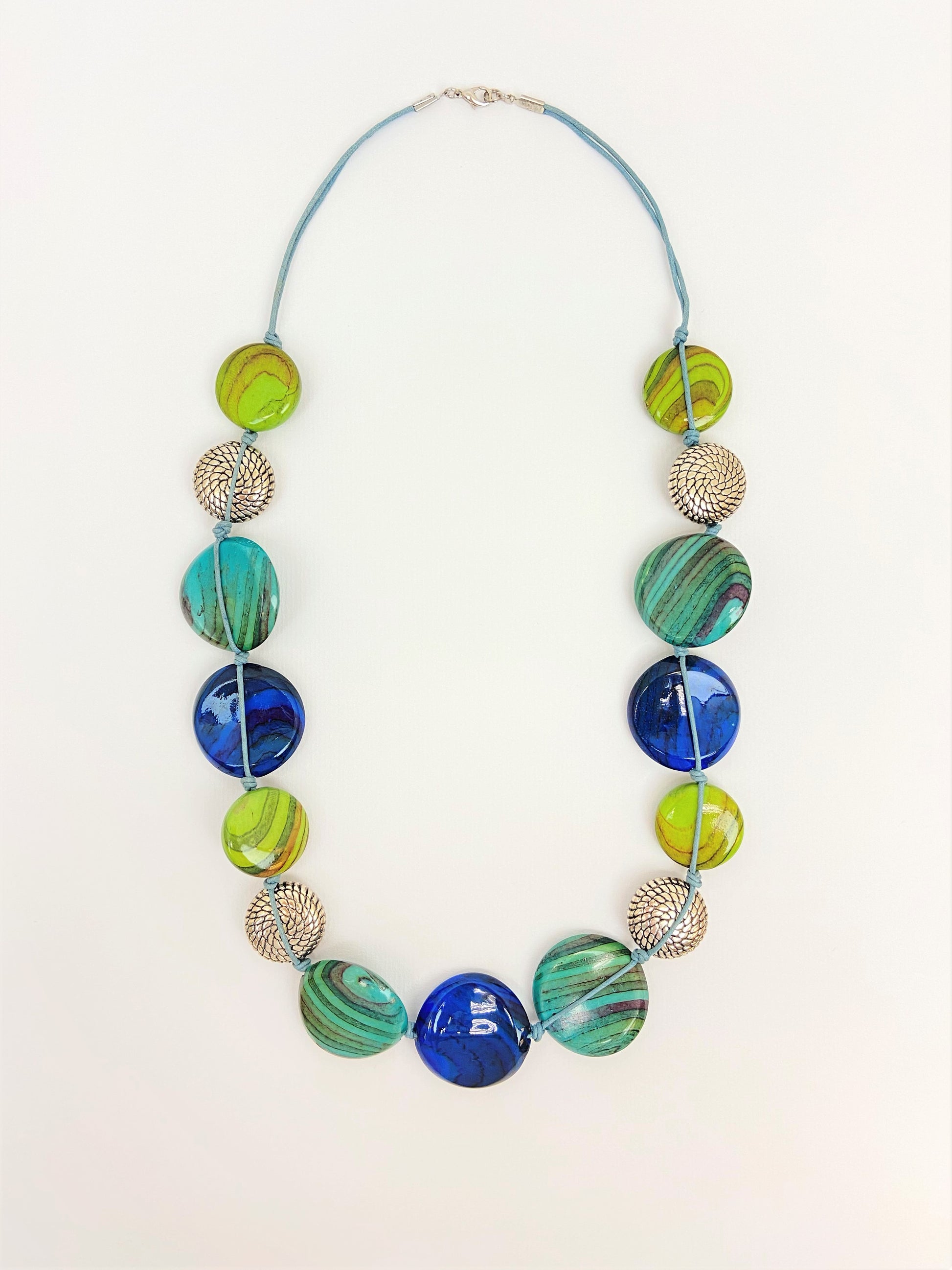 Mahalo Aina Mixed Bead Necklace by Stage Jewellery in blue green tones and round flat beads