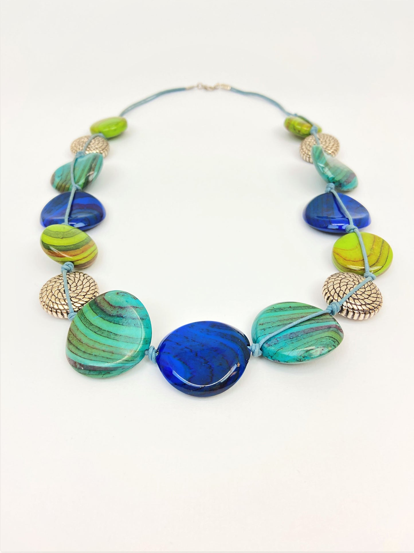 Mahalo Aina Mixed Bead Necklace by Stage Jewellery in blue green tones and round flat beads