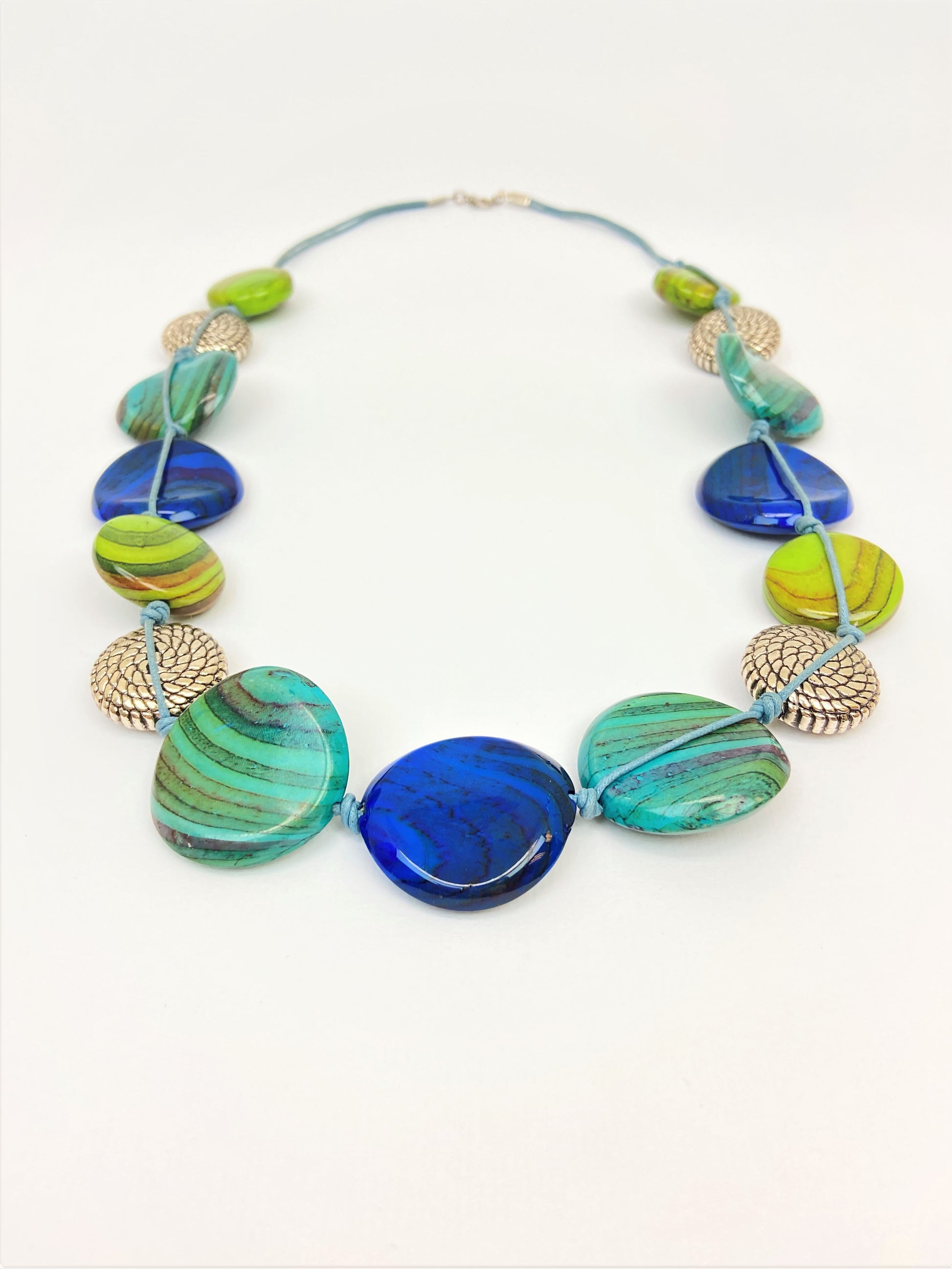 Mahalo Aina Mixed Bead Necklace by Stage Jewellery in blue green tones and round flat beads