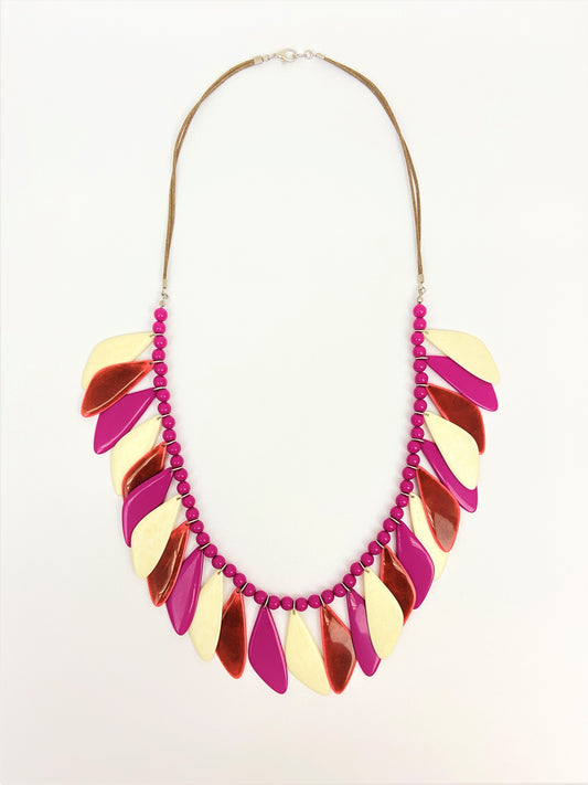 Remex Amaranth Mixed Bead Necklace by Stage Jewellery with magenta ivory tones in feathering fashion style
