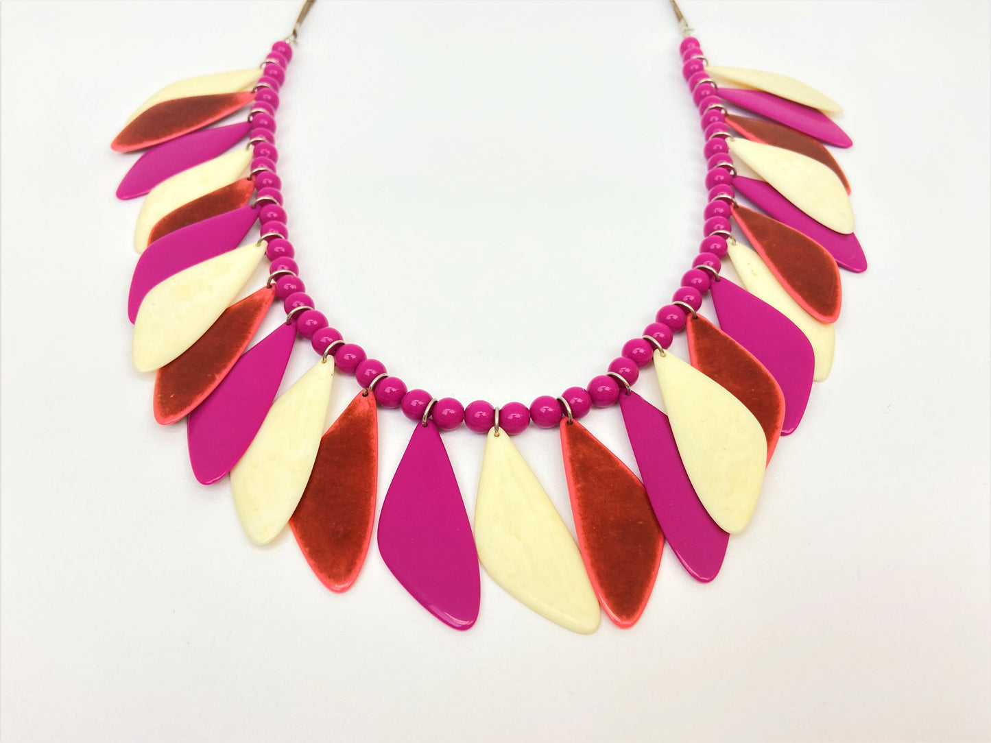Remex Amaranth Mixed Bead Necklace by Stage Jewellery with magenta ivory tones in feathering fashion style