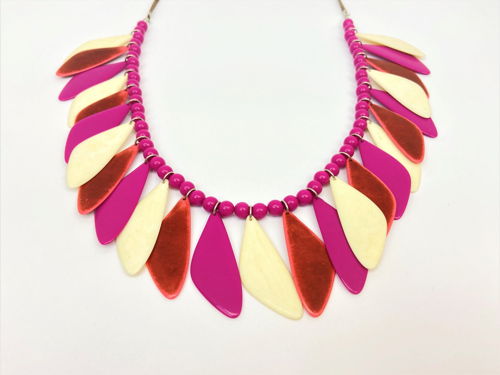 Remex Amaranth Mixed Bead Necklace by Stage Jewellery with magenta ivory tones in feathering fashion style